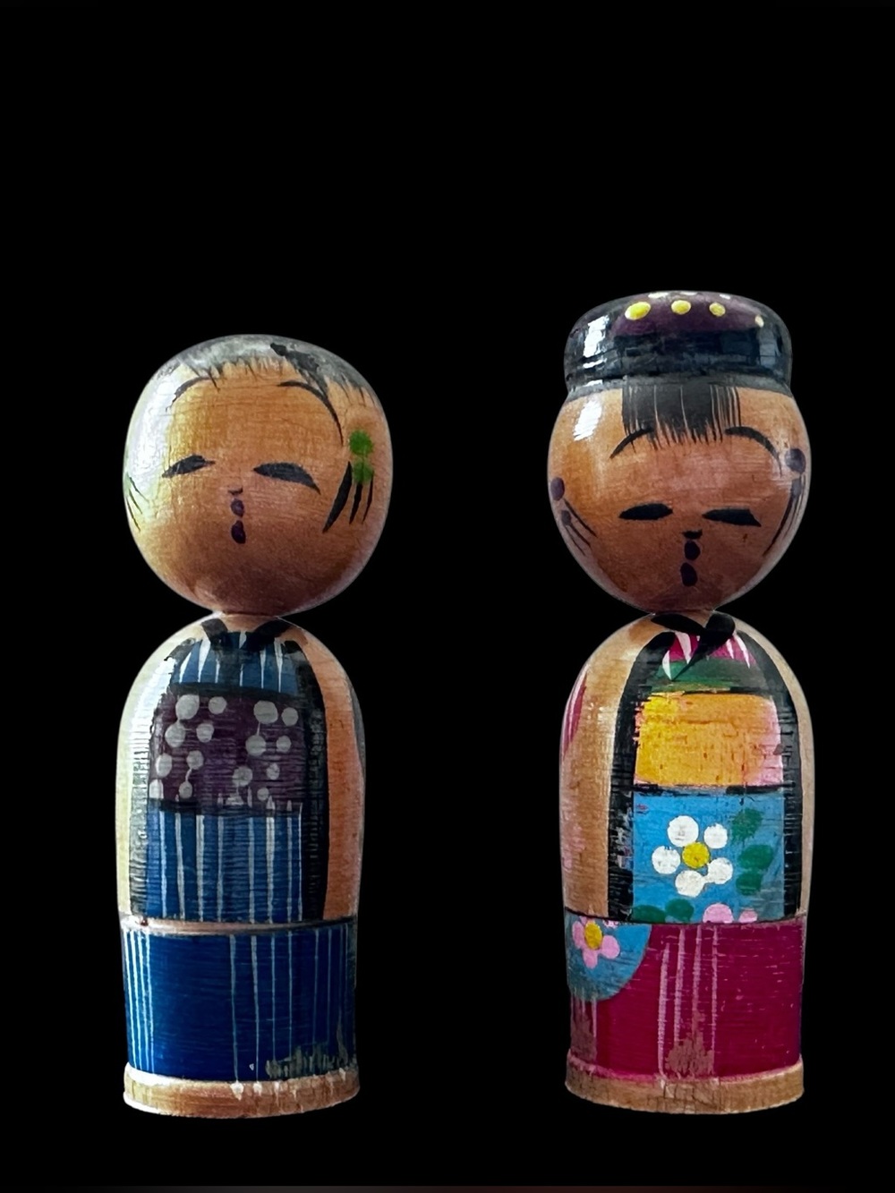 Vintage Wooden Hand Painted Kokeshi Dolls Bobble Head Set of 2 Japanese Nodders